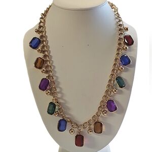 Layered Chunky Chain Faceted Colorful Pendants Necklace signed Korea